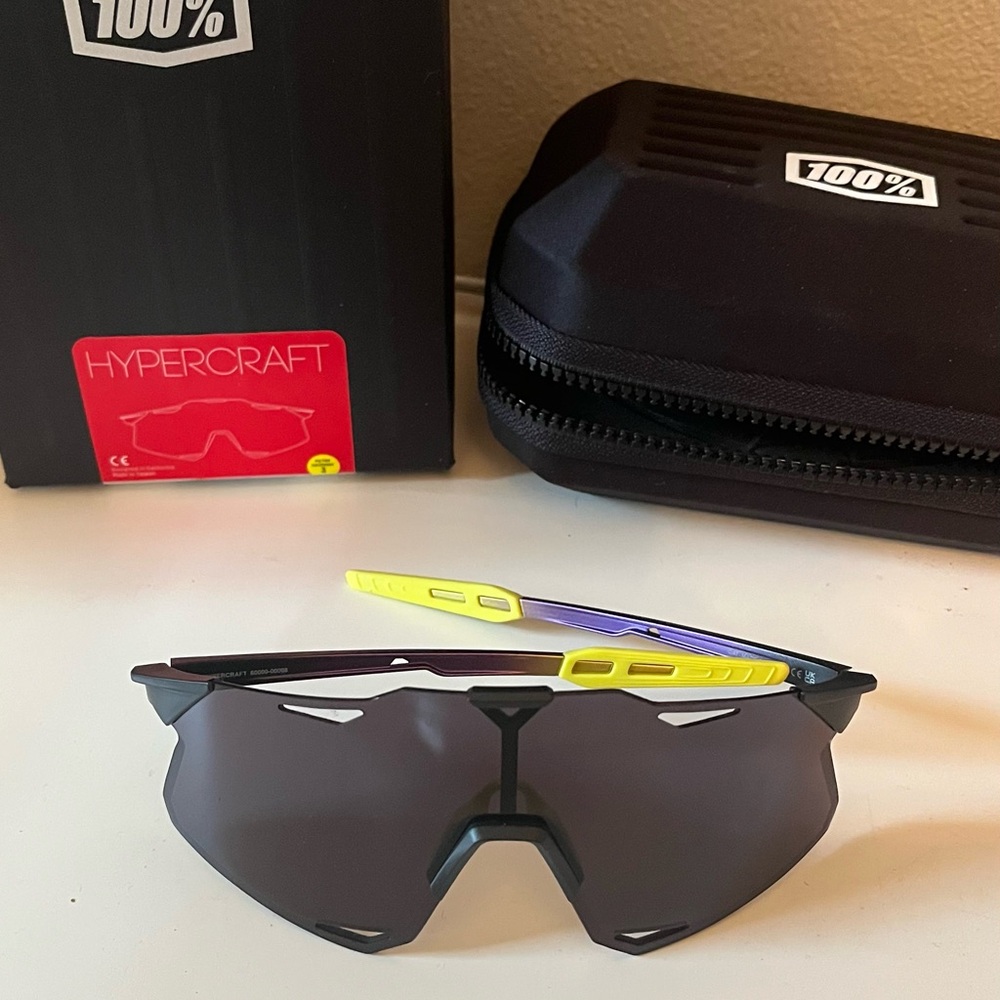 100% Hypercraft Cycling Sunglasses with Yellow and Purple Accents